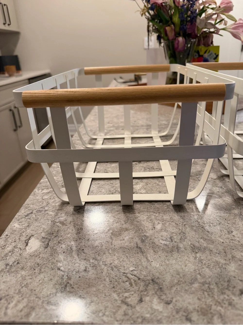 Yamazaki White Grid Storage Basket with Wooden Handles